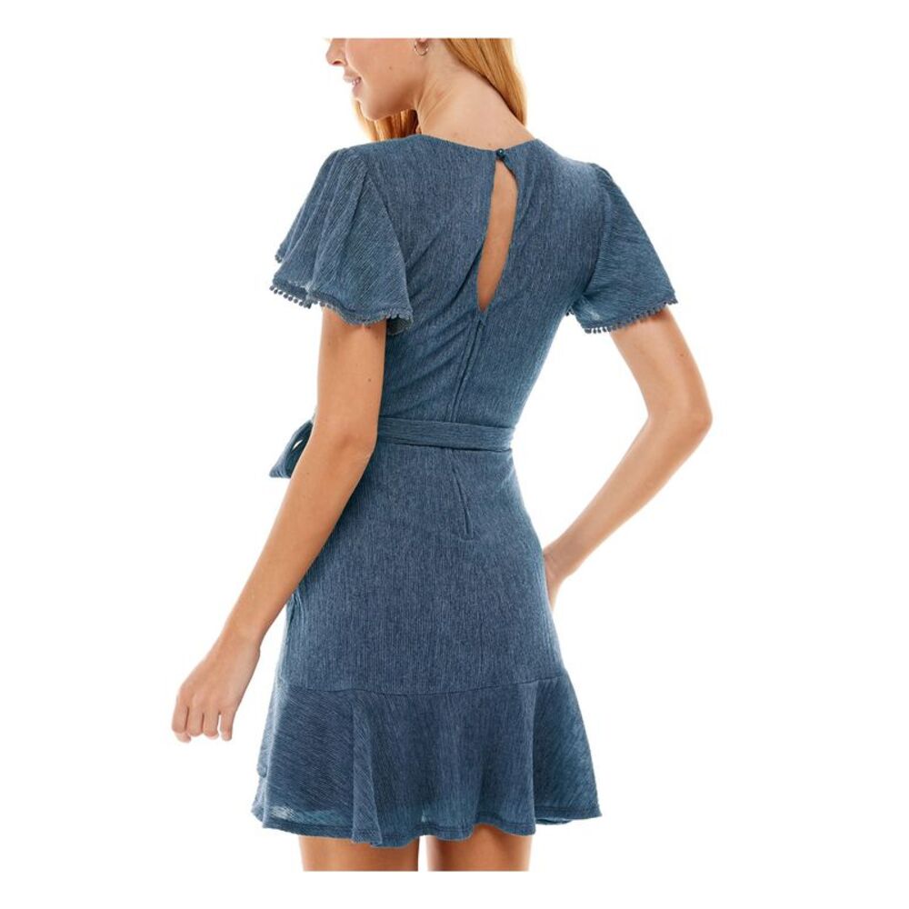 CITY STUDIO Womens Short Dress Blue Back Belted Pom-pom Trim Juniors 11 - Picture 2 of 2